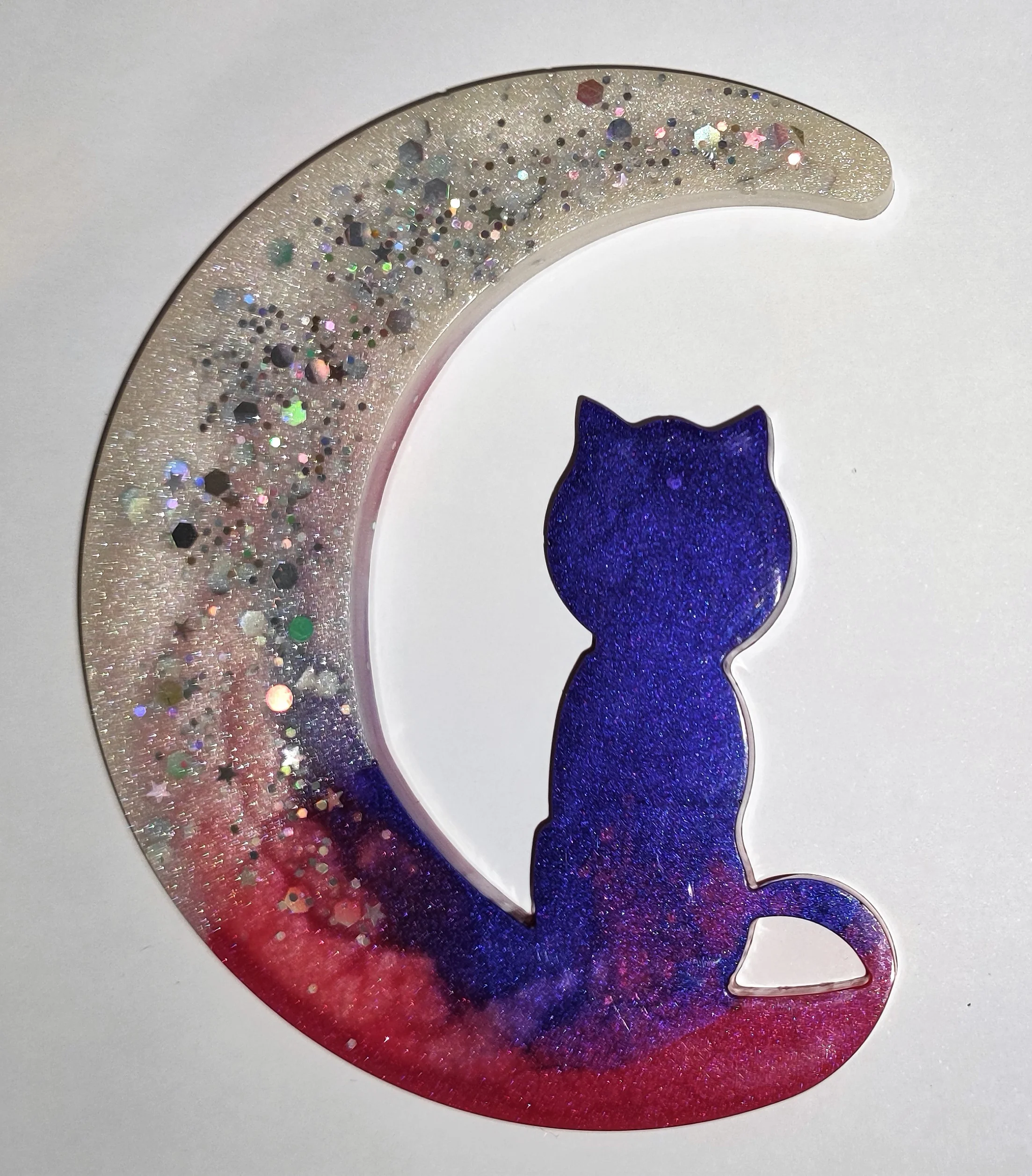 Décoration murale lune chat résine époxy bleu blanc rouge