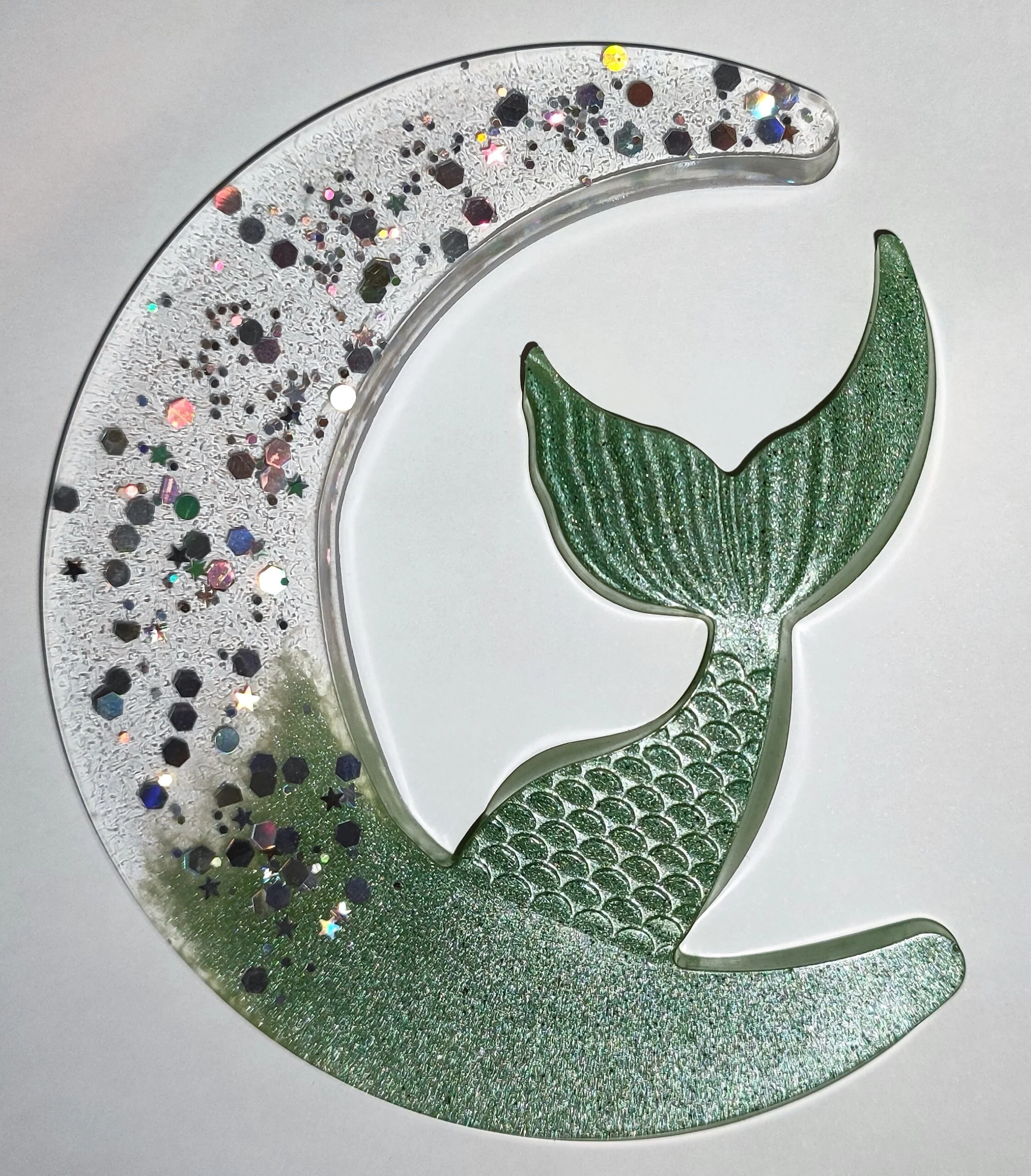 Décoration murale lune sirène résine époxy transparent et vert